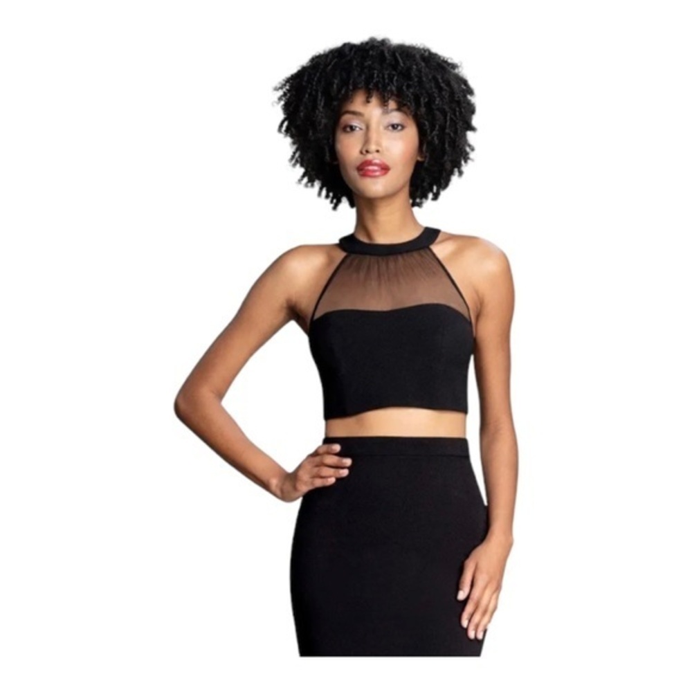 Dress the Population Eliana Black Mesh Halter Crop Top Size M NWOT